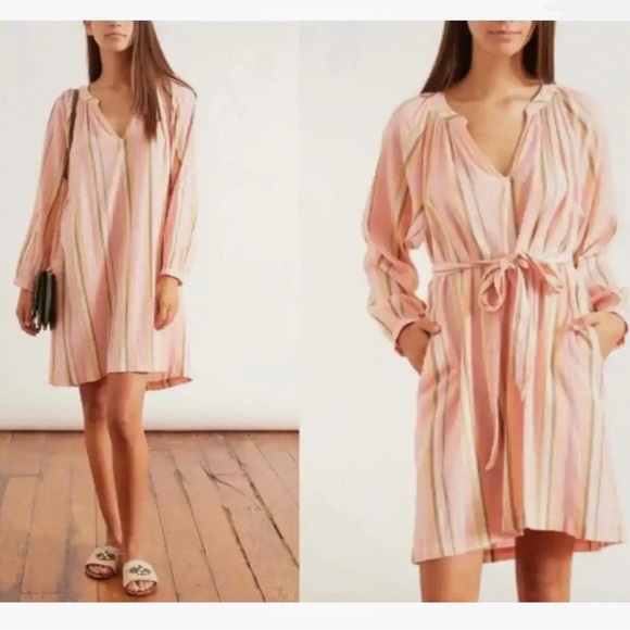 XiRENA Dresses & Skirts - XiRENA XS Pink Villa Stripe Long Sleeve Shirt Dress ~ Coastal Minimalist Boho